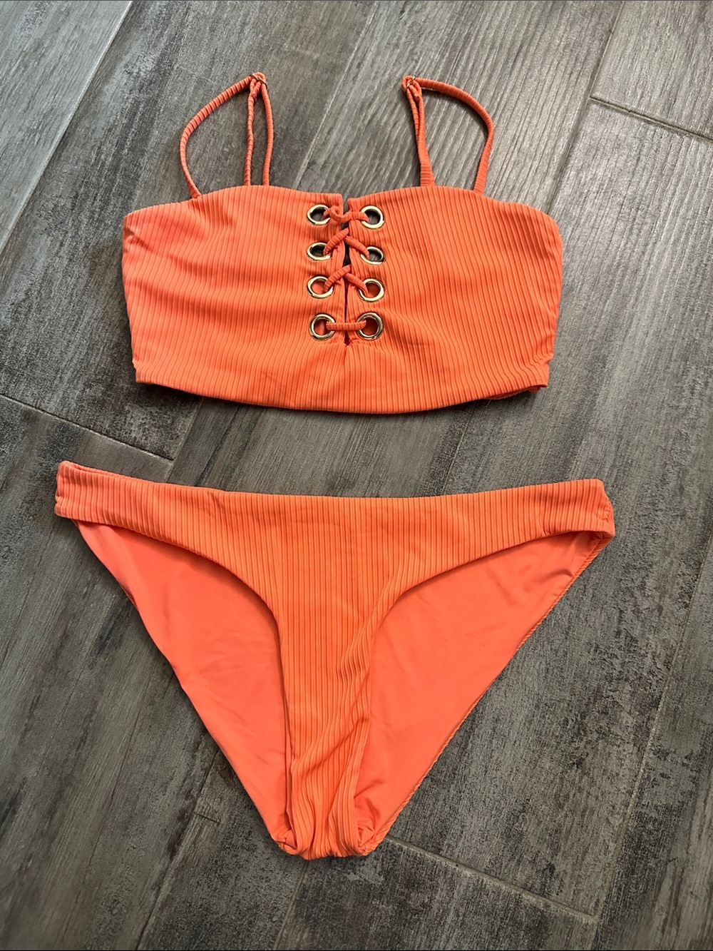 TiniBikini swim bikini- Medium- Ribbed- Coral with Gold Accents